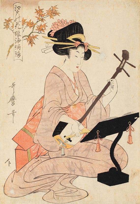 Kitagawa Utamaro "Maple Leaves Koyo and Shamisen"