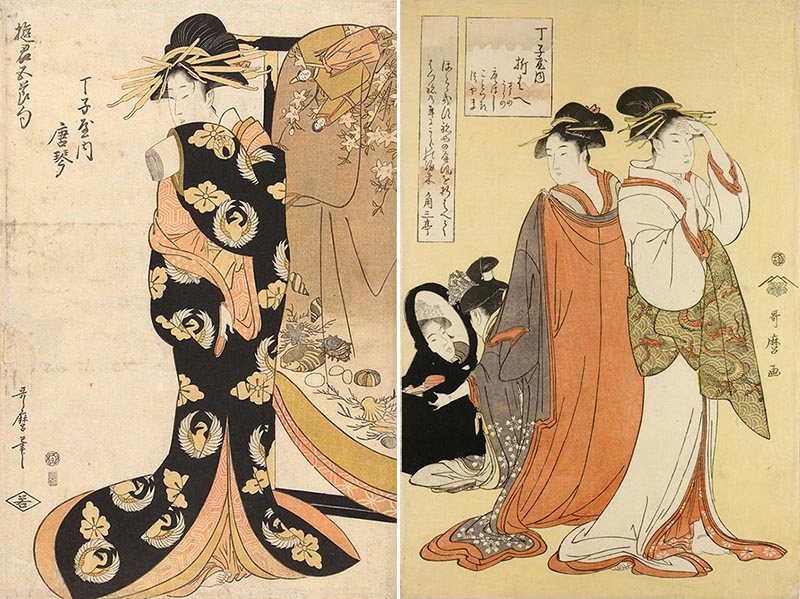 Ukiyoe by Utamaro depicting the scene at the Chojiya